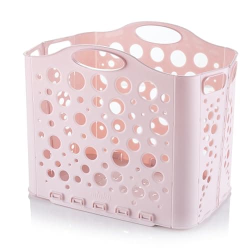Image of Minky Flat Store Laundry Basket, Compact & Foldable, 34L Collapsible Laundry Hamper, Space-Saving Washing Basket with Handles, Fold Flat Design for Easy Storage (Pink)