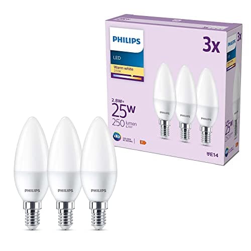 Image of Philips LED Frosted B35 Candle Light Bulb 3 Pack [Warm White 2700K - E14 Small Edison Screw] 25W, Non Dimmable. for Home Indoor Lighting