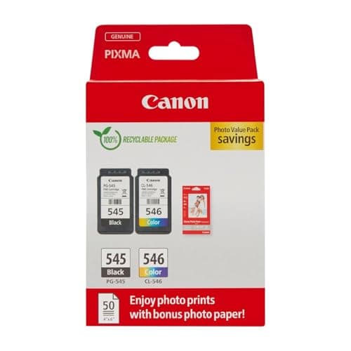 Image of Canon Ink & Paper Multipack - PG-545/CL-546 Genuine Printer Ink Cartridges 2 Pack (1 x Black, 1 x Colour) & 4x6 Photo Paper (50 x Sheets) For TS3350, TS4550, TS3450, TS3150, TR4650, MX495