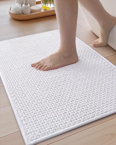 Image of COLOR&GEOMETRY Waffle Bath Mat Non Slip Anti Mould 40 x 60 cm, Extra Soft Chenille Bathmat, Quick Dry Absorbent Bathroom Rug, Machine Washable Shower Mat, White