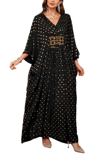 Image of L-Peach Women's Embroidered Kaftan Loungewear Boho Homewear Oversized Kimono Maxi Beach Dress Cover Ups Robes B Black