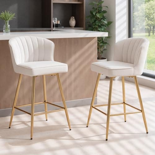 Image of Ya-Home Velvet Bar Stools Set of 2 Breakfast Counter Stools with Metal Legs, Upholstered Kitchen Counter Chairs for Home Bar/Pub, Beige