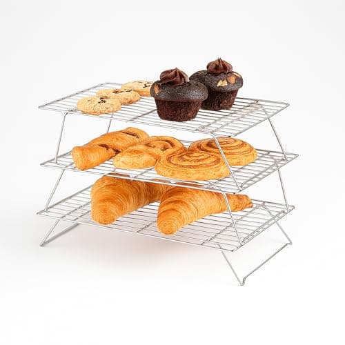 Image of Innoteck 3 Tier Non-Stick Cooling Rack, Stackable Foldable Wire Tray for Baking Cakes, Cupcakes, Muffins, Cookies & Biscuits, 32 x 25cm, Black – Baking Tools & Accessories