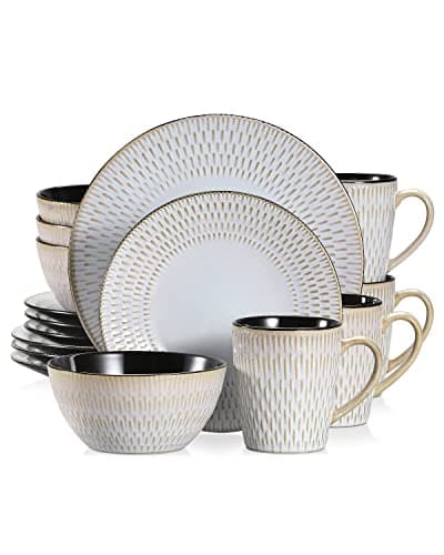 Image of vancasso PLUVO Embossed Dinner Set, Stoneware Vintage Look Grey Dinnerware Tableware, 16 Pieces Dinner Service Set for 4, Include Dinner Plate, Dessert Plate, Cereal Bowl and Mug