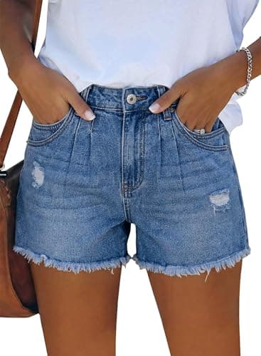 Image of KISSMODA Womens Ripped Denim Shorts Ladies High Waist Summer Button Wash Denim Short Raw Hem Hot Pants Trendy Jean Pant