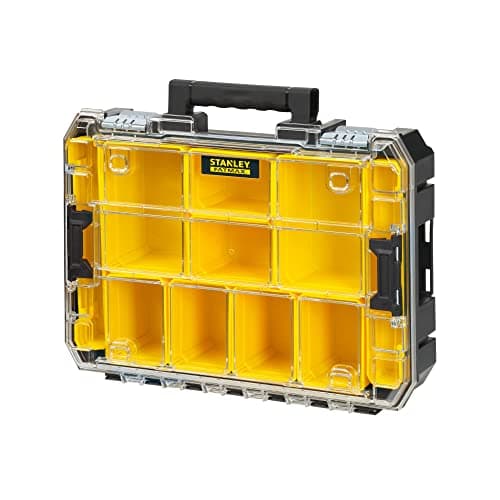 Image of Stanley FatMax FMST82967-1 Stackable Tool Box with Transparent Lid and 10 Sorting Inserts of Different Sizes, Can be Combined with Other TSTAK Boxes