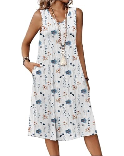 Image of Zeagoo Summer Dresses for Women Sleeveless V Neck Beach Dresses Ladies Summer Dress Casual Sundress Floral Midi Dress with Pockets Flower White XL