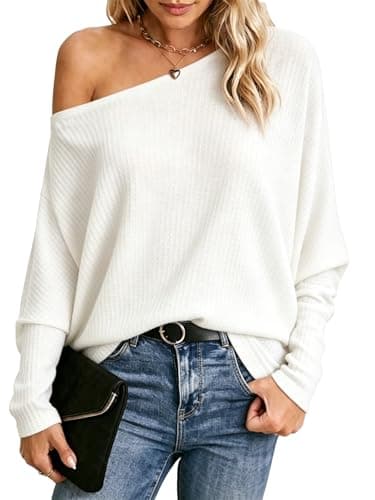 Image of Dressmine Off The Shoulder Tops for Women Casual Long Sleeve Oversized Tunic Tops for Leggings Batwing Going Out Tops White Size 20