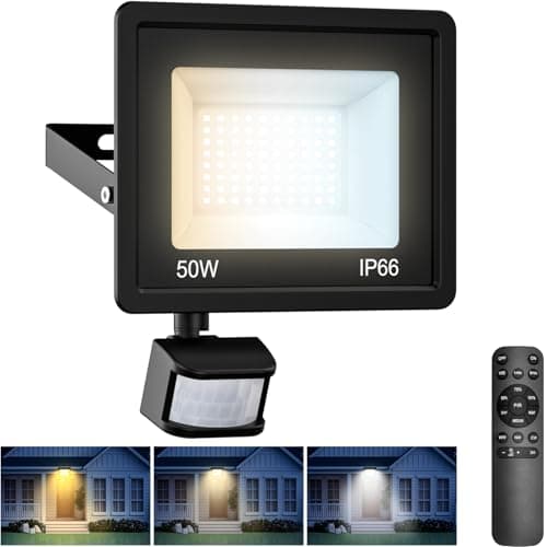 Image of vighep Security Lights Outdoor Motion Sensor with Remote Control, 50W 3000K-4500K-6000K Dimmable LED Floodlights with PIR Sensor, IP66 Waterproof Bright Wall Light for Garden Patio Backyard Outside