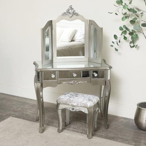 Image of Melody Maison Ornate Mirrored 3 Drawer Dressing Table, Stool and Mirror Bedroom Furniture Set - Tiffany Range