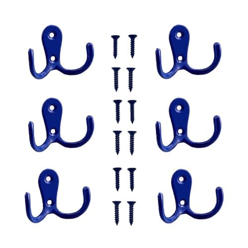 Image of Yesmin 6 Pcs Double Prong Robe Hooks, Dual Coat Hooks Wall Mounted Hanging Clothes for Bathroom Bedroom Door Wall Retro Metal Cloth Hanger Double Coat Hooks with 8 Screws-Blue