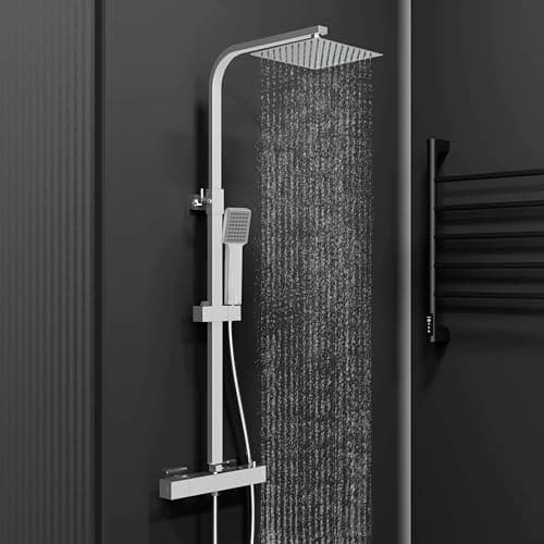 Image of Biubiubath Thermostatic Shower Mixer Set | Dual Rainfall Shower Heads & Hose | Wall Mounted Bar Mixer Shower Chrome Finish | Adjustable Shower Riser Rail Kit (Chrome)