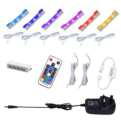 Image of AIBOO LED RGB Under Glass Shelf Cabinet Lighting Kit with RF Remote Control, Dimmable Long Clip on Glass Display Shelf Lights, Ultra Slim LED Strips lghts for Kitchen Counter and Cupboard.(6 Pack)