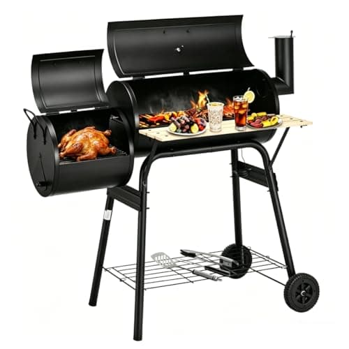 Image of COSTWAY Charcoal BBQ Grill, Garden Barbecue Trolley with Wheels, Shelves and Thermometer, Outdoor Smoker Griller for Camping Picnic Party (with 2 Cooking Areas)