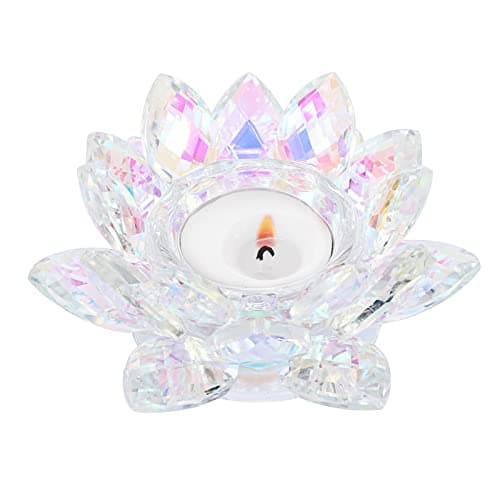 Image of SUMTree Crystal Lotus Candle Holder for 4.5" Pillar Candle, Decorative Tealight Lotus Votive Candle Holder, Petals Style Flower Tealight Holder for Home Wedding Anniversary Decor, AB Colorful