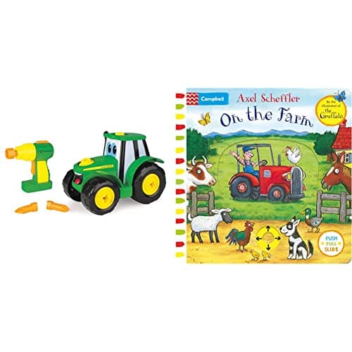 Image of John Deere Build A Johnny Tractor | 16 Piece Building Farm Toy Car | Tractor Toy With Motorised Drill For 18 Months, 2, 3 & 4 Years Old Kids & On the Farm: A Push, Pull, Slide Book