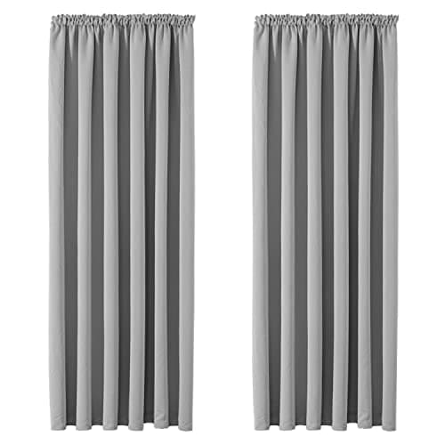 Image of Aspire Homeware Blackout Curtains for Living Room - Pencil Pleat Light Grey Curtains Bedroom with Tiebacks 46 x 54 inch Drop Super Soft Thermal Insulated Short Black Out Kitchen Curtain 2 Panels