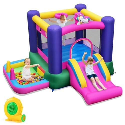 Image of GYMAX Kids Bouncy Castle, Inflatable Jumping House with Slide, Ball Pit Area and Basketball Hoop, Children Bounce Playhouse for Outdoor Indoor (Unicorn with 480W Blower)