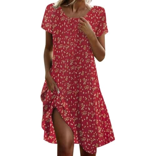 Image of Generisch Women's Short Sleeve Round Neck Floral Print Midi Dress, red, L