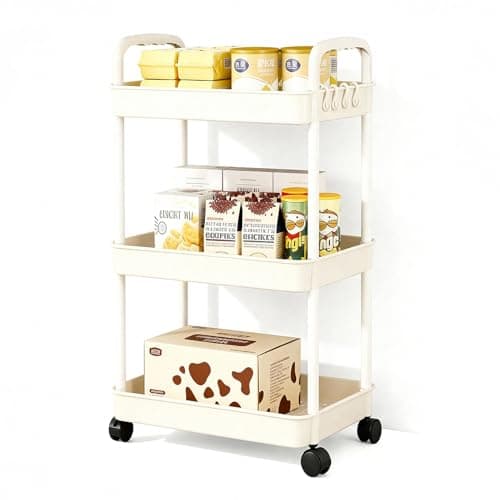 Image of 3-Tier Storage Trolley on Wheels, Space-Saving Mobile Shelving Organizer, With Hooks and Stickers, Rolling Utility Storage Cart for Room Bathroom Office