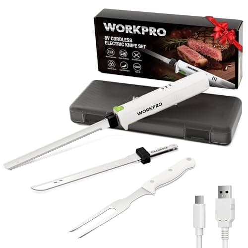 Image of WORKPRO Cordless Electric Knife Set, 8V Electric Bread Knife with 2 Stainless Steel Blades & Fork, Electric Carving Knife for Steak, Ham & Bread, Storage Case Included, White