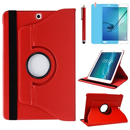 Image of Case for Samsung Galaxy Tab S2 9.7 inch (SM-T810 T813 T815 T817 T818 T819), 360 Degree Rotating Stand Case Smart Protective Cover, Bonus Stylus Pen,Screen Film (Red)