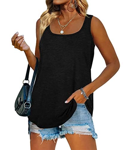 Image of iChunhua Summer Long Vest Tank Tops for Women Square Neck Sleeveless T Shirt Black Large