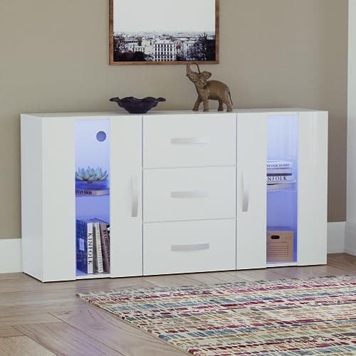 Image of Vida Designs Astro 2 Door 3 Drawer Modern LED Sideboard in White, RGB Lights (Fade/Strobe Options Included), Wooden Matte Style with High Gloss Features