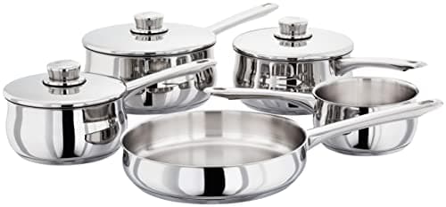 Image of Stellar Classic Set of 5 Stainless Steel Pans, 20cm, 18cm, 16cm Deep Saucepans, Lids, 24cm Frying Pan, Milk Pan, Induction Ready