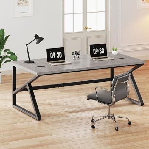 Image of IBF 180cm Large Home Office Desk, Industrial Long Executive Work Writing Study Desk Computer Table, Farmhouse Big Metal Wood Double Desk for Bedroom Living Room, Rustic Dual Monitor Desk, Light Grey