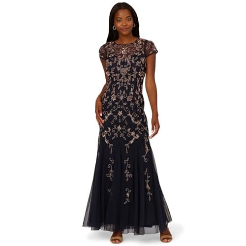 Image of Adrianna Papell Women's Bead Mesh Godet Long Dress, Navy/Rosegold, 14