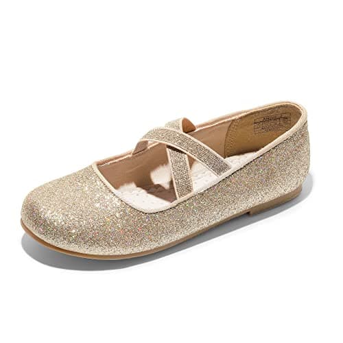 Image of DREAM PAIRS Girl's Ballet Flat Kids Mary Jane Flower Dress Shoes for Wedding Party,Size 3 Big Kid,Gold,Angie-2
