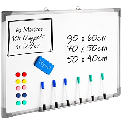 Image of Nyxi Whiteboard, 90cm X 60cm (WxH), Dry-Wipe Magnetic Aluminium Frame with Strong Rear Galvanised Zinc Sheet, Comes with 6 X Markers, 10 Magnets, 1 X Duster. for Home, Office, School (900mmx600mm)