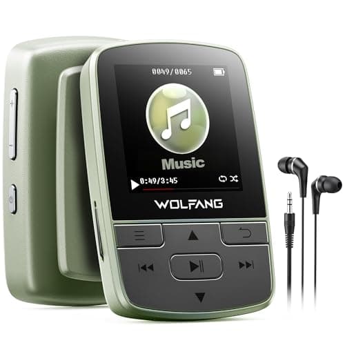 Image of WOLFANG MP3 Player with Bluetooth 5.2, Sports Clip, Mini Size, 28g Lightweight, HiFi Lossless Sound, FM Radio, Voice Recorder, Wired Earphones Included (Military Green)