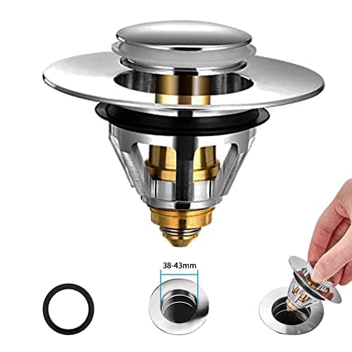Image of Sink Plug, Bathroom Pop Up Sink Strainer Spring Core Copper Drainer, Universal Brass Bounce Core Push Type,Bath Plug No Overflow Basin Drain Filter with Basket (38-43mm)