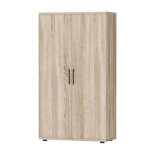 Image of MMT Furniture Designs Ltd Oak Storage Cabinet Cupboard Bookcase Filing Stationary Cabinet 2 Door Locking Unit, for Home Garage, Utility (Oak)