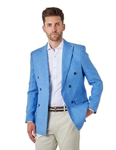 Image of Xposed Tailored Fit Sky Blue Linen Double Breasted Blazer [BLZ-DB-Lewis-Sky-Blue, UK/US 44 EU 54]