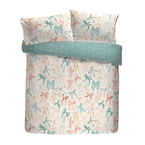 Image of Fusion Evelyn Duvet Cover Set, 52% Recycled Polyester 48% Cotton, Single 140x200cm, Multi-Coloured, Watercolour Bows Pattern, Reversible, 56 Pick Thread Count