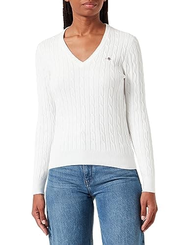 Image of GANT Women's Stretch Cotton Cable V-Neck Pullover, Eggshell, S