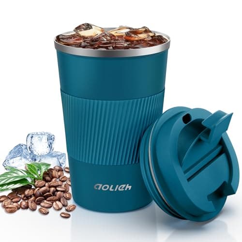 Image of Aolieh Travel Mug 380 ml, Insulated Coffee Cup with Lid, Reusable Stainless Steel Thermal Cup for Coffee, Tea & Cold Drinks, Leak-Resistant Double-Walled Travel Mug, Blue