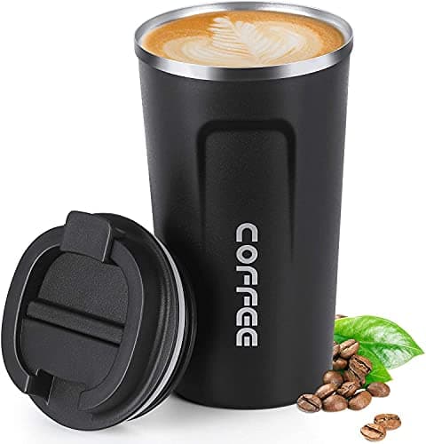 Image of Insulated Coffee Cup, Senelux Double Walled Insulated Stainless Steel Vacuum Coffee Travel Mug with Leak Proof Flip-Lid - Keep Coffee Tea Hot and Soft Drinks Cold - 18oz (510ml) Black