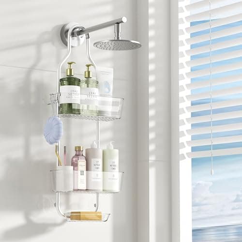 Image of APLOP Shower Caddy Hanging 3-Tier,No Drill Rustproof Aluminum,Shower Storage Organiser with Soap Holder & Hooks,Easy Install Bathroom Shelf