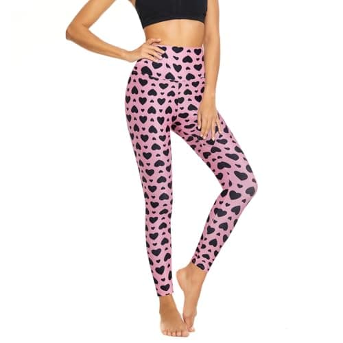 Image of High Waisted Leggings for Women - Tummy Control Yoga Pants for Workout Running Athletic Women's Leggings, Pink -Black Love Pattern, Large-X-Large
