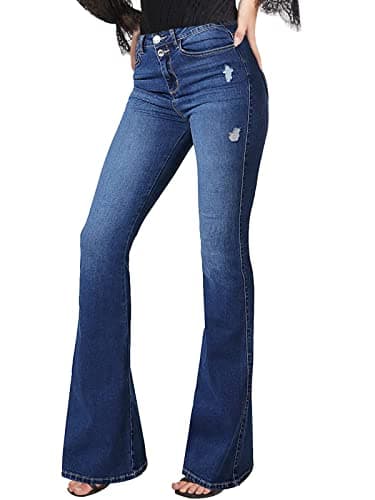 Image of Bell Bottom Jeans for Women high Waist Flare Stretchy Wide Leg Split Bootcut Distressed Hem Denim Pants, F008-dark Wash, XXL