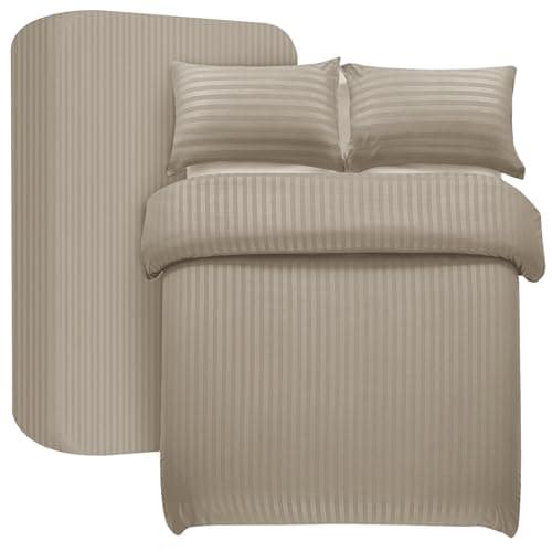 Image of My home store Beige Double Duvet Cover Set 4 Pcs Satin Stripe Duvet Covers Soft Brushed Microfiber Bedding Set with Fitted Sheet 30 CM Deep & 2 Pillowcases