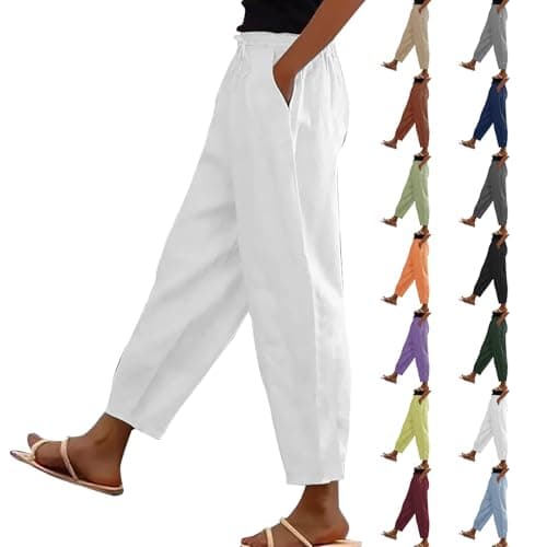 Image of wide leg trousers for women uk,Cotton Linen Trousers Womens UK Solid Color Elasticated Waist Trouser Ladies Summer Lounge Pants Plain Loose Fit Capri Pant Casual Straight Leg Bottoms with Pockets