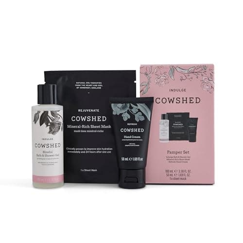 Image of Cowshed Pamper Set – Indulge Bath & Shower Gel & Refresh Hand Cream with Rejuvenate Mineral-Rich Sheet Mask | Paraben-Free Moisturising Bodycare | Luxury Spa Gift Set
