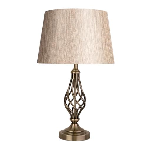 Image of Lighting Supermarket Queenswood Traditional Barley Twist Table Lamp with Charcoal Gold Linen Shade - Antique Brass
