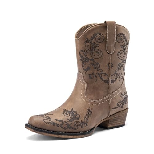 Image of DREAM PAIRS Women's Cowboy Cowgirl Western Ankle Boots Low Chunky Heels Square Toe Fall Short Booties Shoes,Size 7,Brown,SDAB2407W