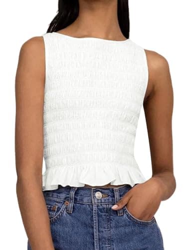 Image of Springcmy Women Shirred Tank Top Ruffle Sleeveless Tanks Frill Peplum Hem Smocked Cami Going Out Tops Summer Streetwear (C White, M)